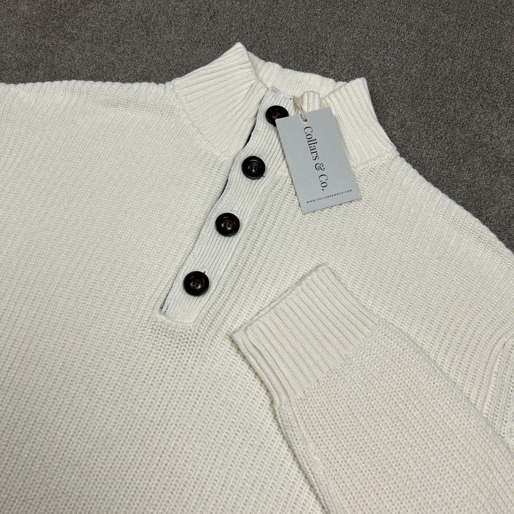 NEW Collars and Co Sweater Mens XL Off White Knit Ribbed Three Button Cotton